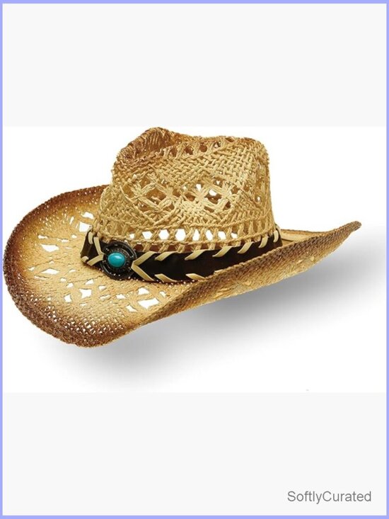 Unisex Wide Brim Raffia Cowboy Hat with Decorative Band